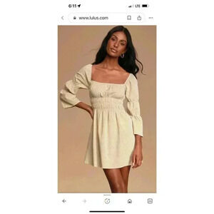 NWT Lulus Lunchdate Mustard Yellow Gingham Bell Sleeve Mini Dress Size M